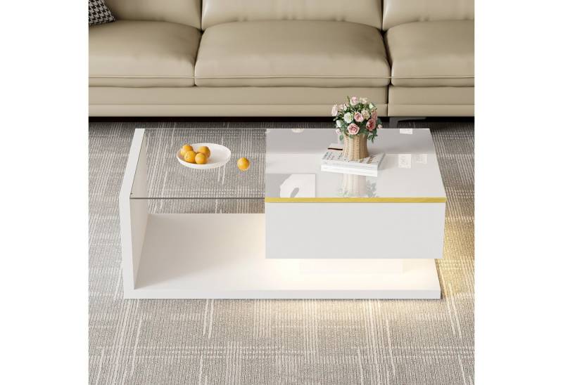 Ulife Couchtisch Beistelltisch mit Glas und LED-Beleuchtung (1-St), Hochglanz-Weiß, 90 x 50 x 32,5cm von Ulife