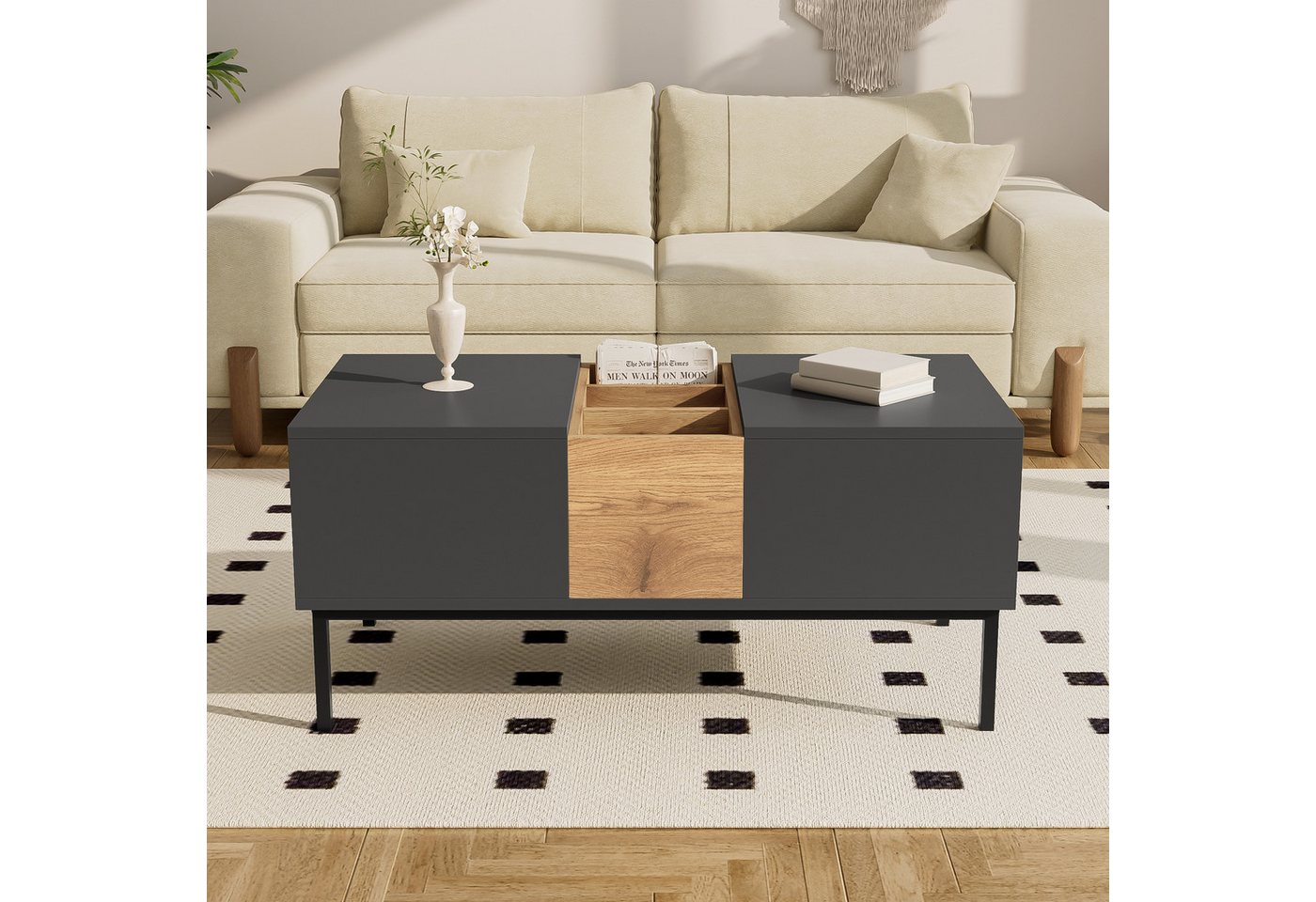 Ulife Couchtisch Höhenverstellbarer Satztisch, Wohnzimmertisch, Beistelltisch, mit verstellbarem Tischplatte, 100x50 cm von Ulife
