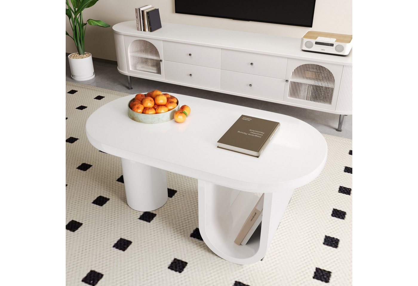 Ulife Couchtisch Wohnzimmertisch, Beistelltisch, Moderner ovaler Tisch in Weiß (1-St), U-förmige Beine, 98,5 x 53,5 x 42 cm von Ulife