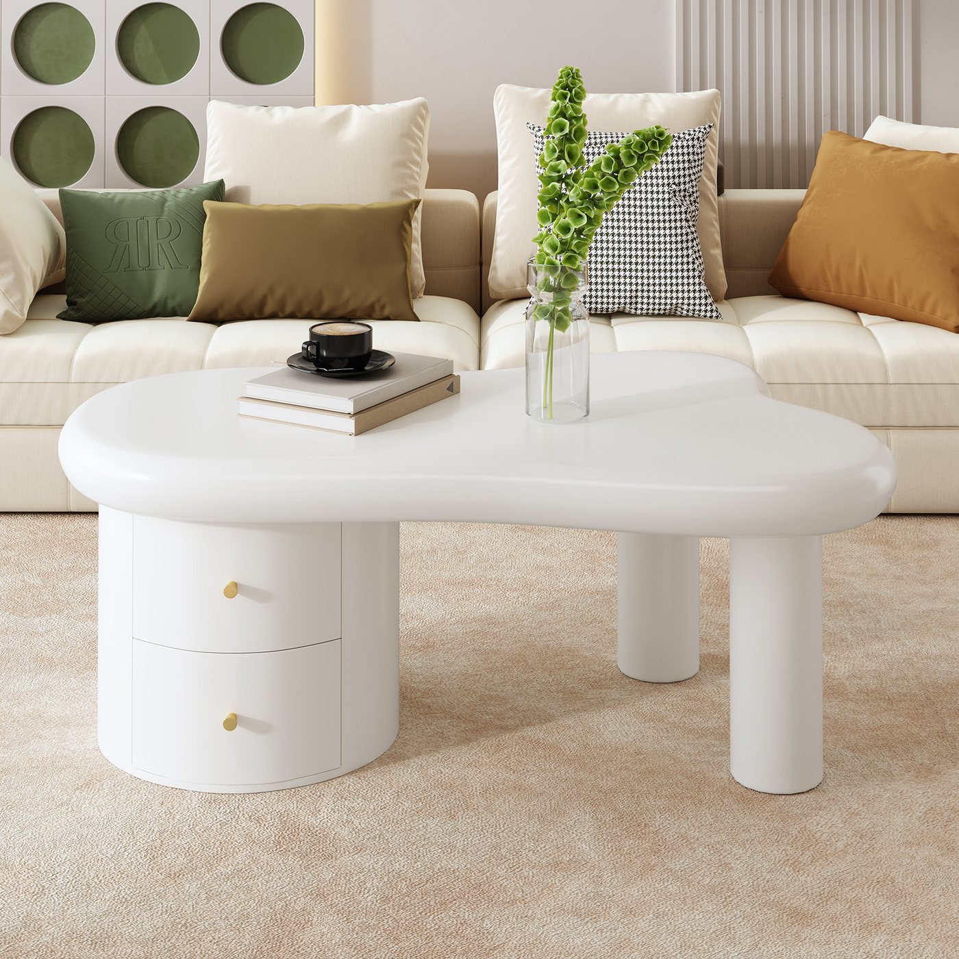 Ulife Couchtisch Wohnzimmertisch, Beistelltisch, mit unregelmäßiger Form & 2 Schubladen (1-St), Perfekt für Wohnzimmer & Mehrzwecknutzung, 97x64x42cm von Ulife
