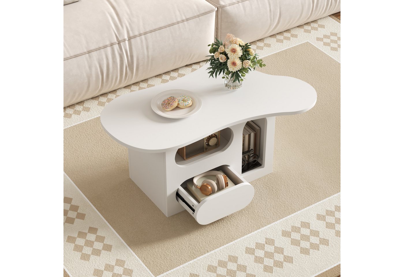 Ulife Couchtisch Wohnzimmertisch, Beistelltisch mit Schubladen, offenen Ablagefächern, Wolkenform, 97 x 45 x 43,5cm von Ulife