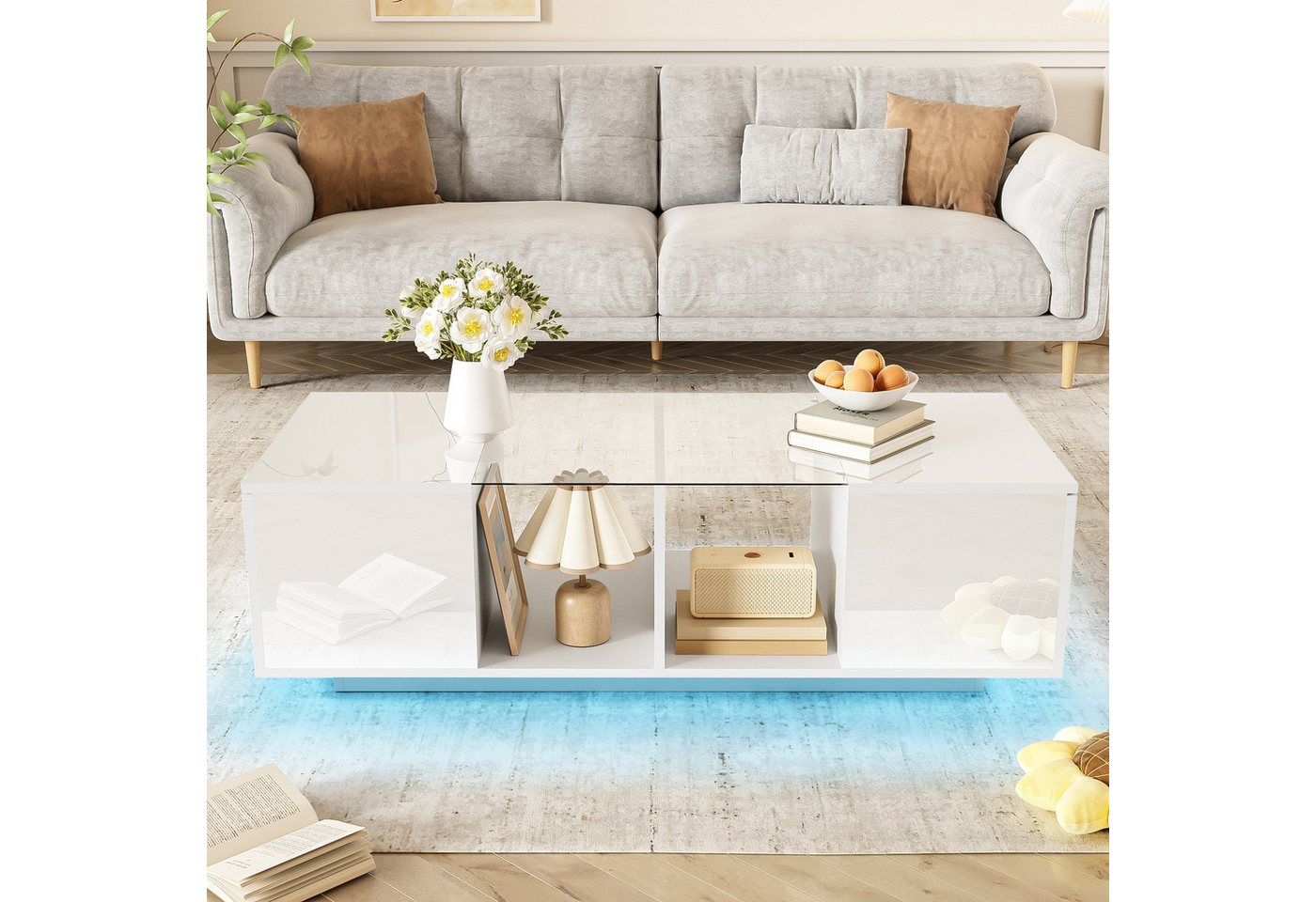 Ulife Couchtisch mit LED-Beleuchtung, Moderner Ablagetisch mit Stauraum, hochglänzender Tischplatte, 120 x 50 x 38,5 cm von Ulife