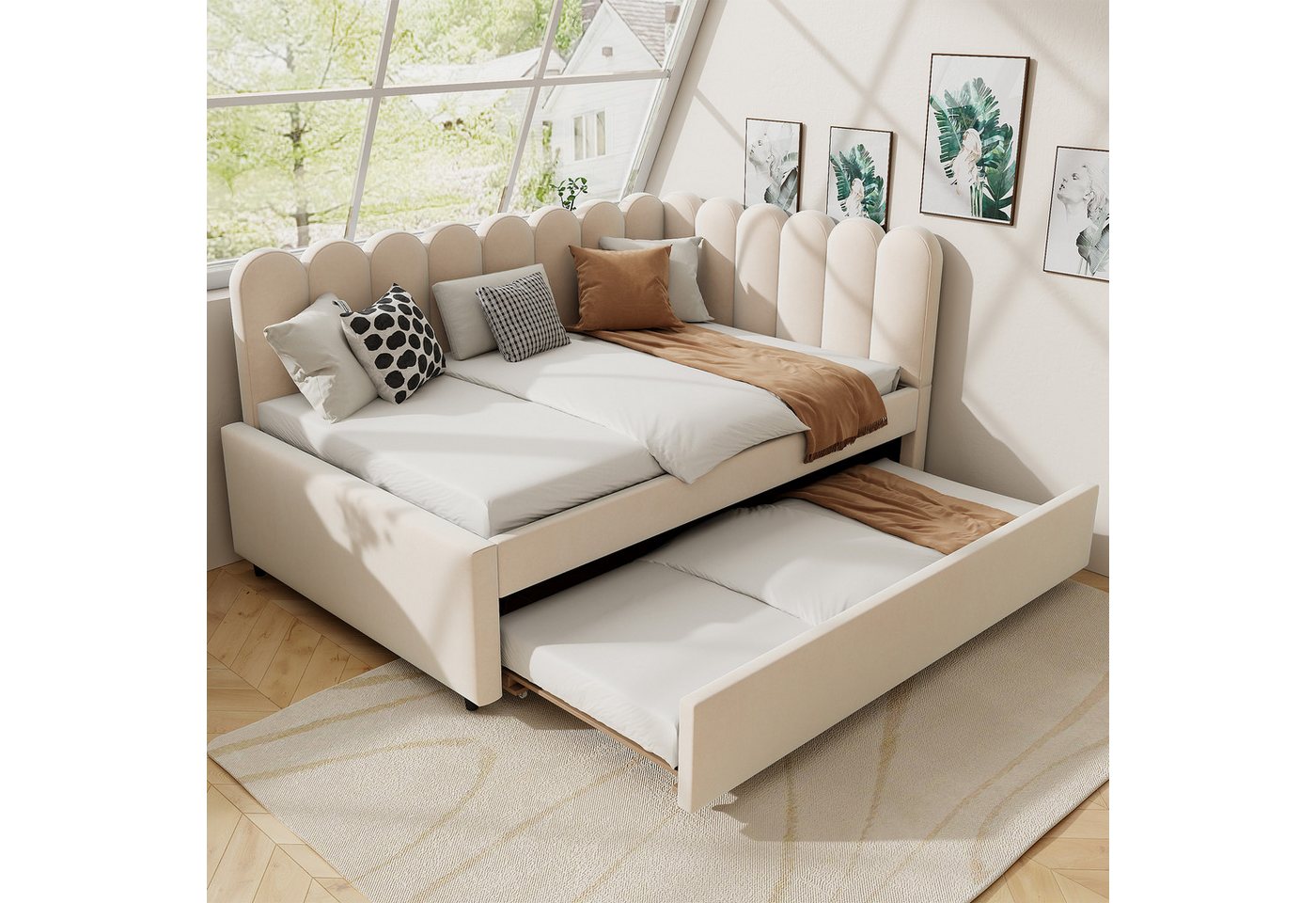 Ulife Daybett L-Form Polsterbett Schlafsofa Tagesbett 140x200cm, mit geblümter Rückenlehne und Ausziehbett(90x190cm) von Ulife
