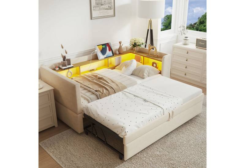 Ulife Daybett Polsterbett Ausziehbares Schlafsofa 90/180 x 190cm, mit LED Leuchten, Multifunktionsschlafsofa mit Steckdosen und vielen Ablagefächern von Ulife