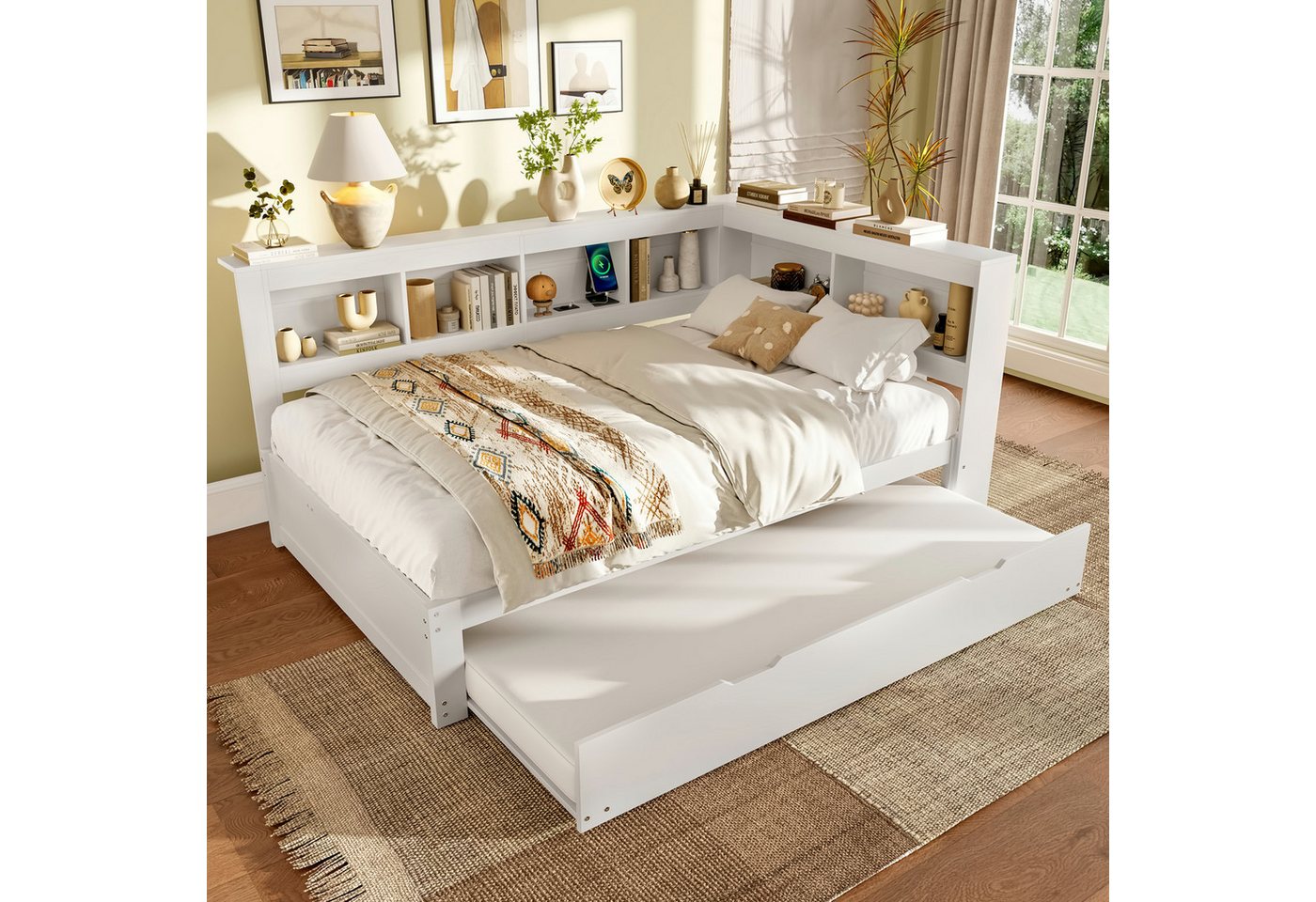 Ulife Daybett Schlafsofa, Tagesbett mit Steckdose und 2 USB-Anschlüssen, Kinderbett Jugendbett mit ausziehbarem Bett, 140x200/90x190cm von Ulife