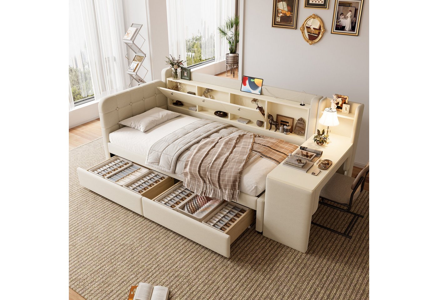 Ulife Daybett Schlafsofa, Tagesbett mit USB + Typ C, Flip Top Aufbewahrungsfach, Kinderbett Jugendbett mit 2 Schubladen, Schreibtisch von Ulife