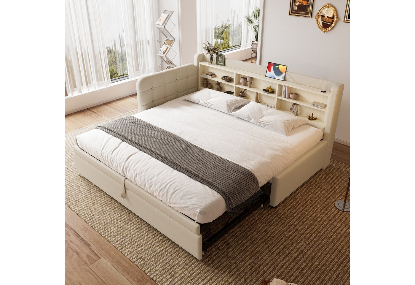 Ulife Daybett Schlafsofa Tagesbett, USB + Typ C, mehrere Ablageflächen, multifunktionales Ausziehbett-Design, 90x200cm(180 x 200 cm) von Ulife