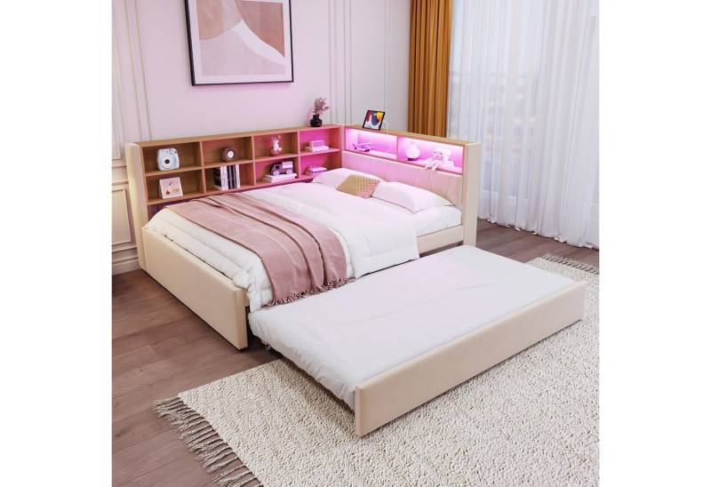 Ulife Daybett Schlafsofa mit LED Leuchten, Steckdosen und vielen Ablagefächern, Polsterbett mit Ausziehbett, 90x200cm + 90x190cm von Ulife