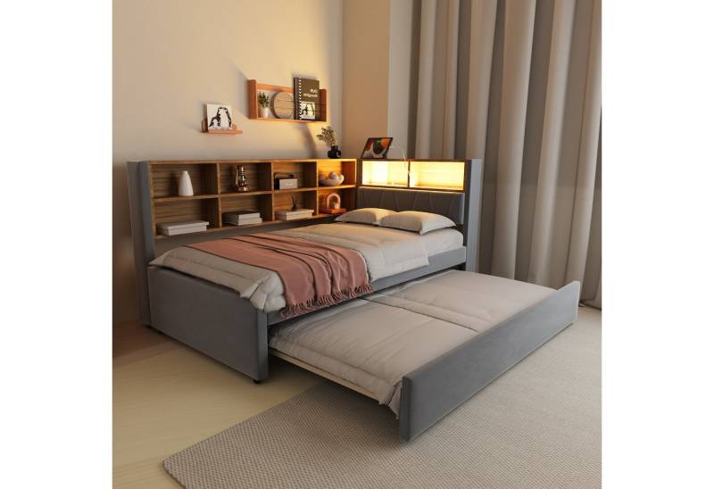 Ulife Daybett Schlafsofa mit LED Leuchten, Steckdosen und vielen Ablagefächern, Polsterbett mit Ausziehbett, 90x200cm + 90x190cm von Ulife