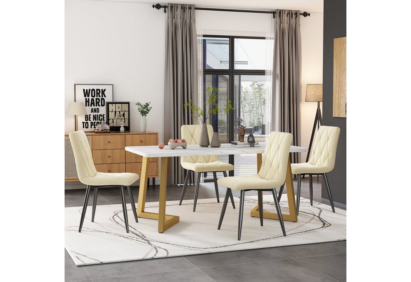 Ulife Essgruppe 117×68cm Esstisch mit 4 Stühlen, (Set, 5-tlg), weißer MDF-Tischplatte mit Marmoroptik von Ulife