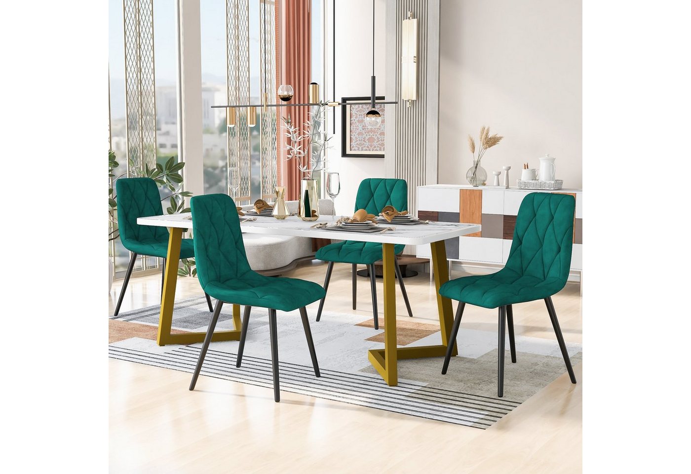 Ulife Essgruppe 117×68cm Esstisch mit 4 Stühlen, (Set, 5-tlg), weißer MDF-Tischplatte mit Marmoroptik von Ulife