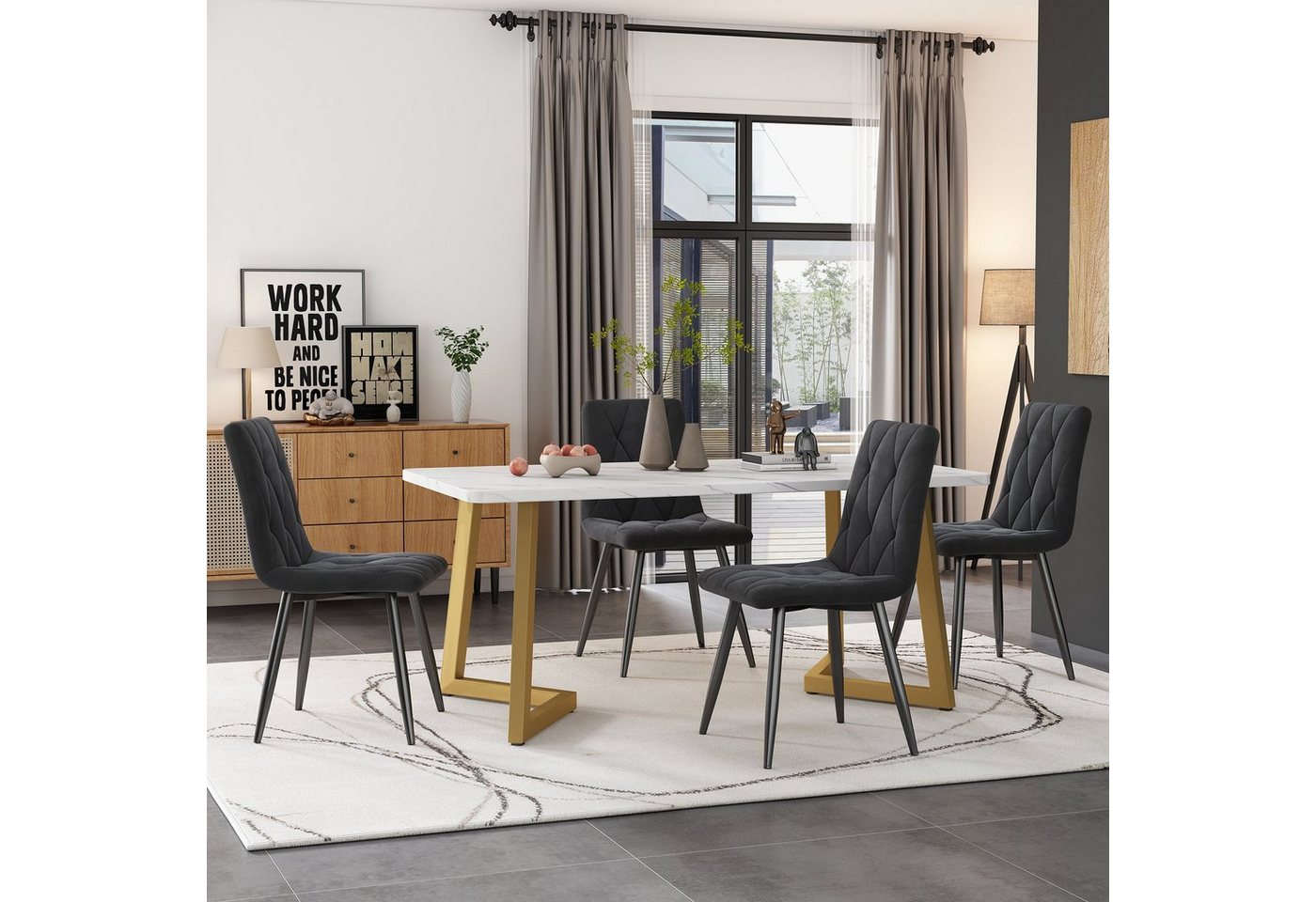 Ulife Essgruppe 117×68cm Esstisch mit 4 Stühlen, (Set, 5-tlg), weißer MDF-Tischplatte mit Marmoroptik von Ulife