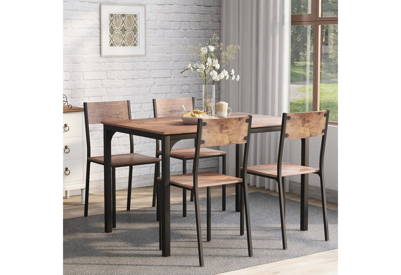 Ulife Essgruppe Esstisch mit 4 Stühlen, Braun, mit schwarzen Metallbeinen, (Set, 5-tlg., Tisch mit 4 Stühlen) von Ulife