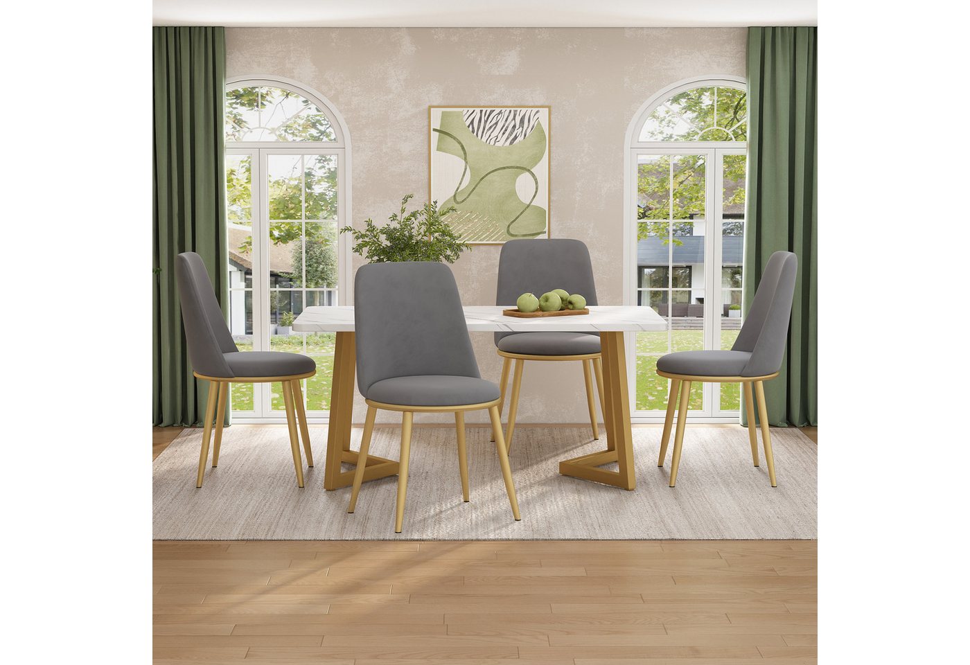 Ulife Essgruppe Moderner Küchentisch Set,Samt Rundsitze,Weiß MDF Tischplatte, (5-tlg), 117×68×75cm Esstisch mit 4 Stühlen von Ulife