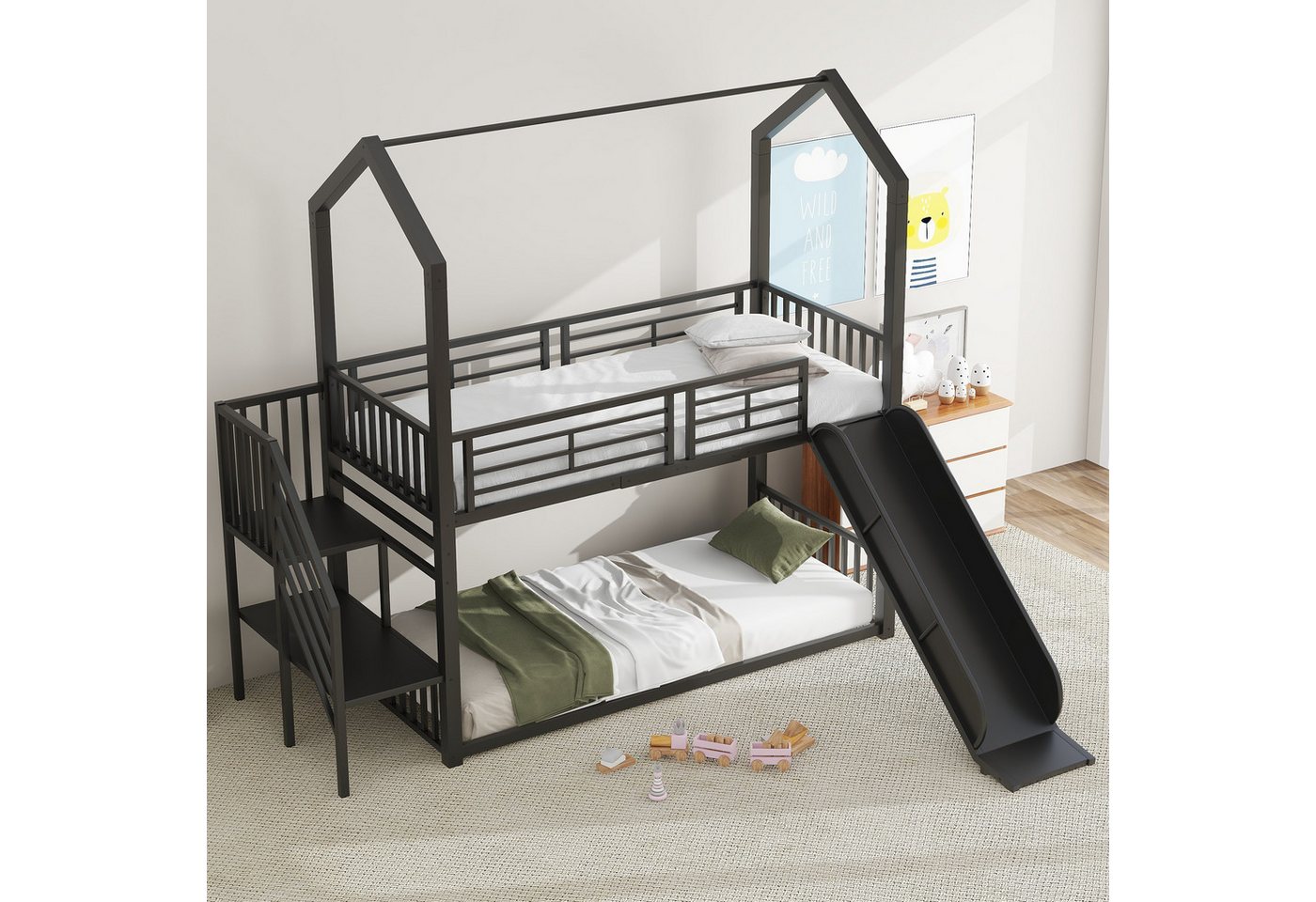 Ulife Etagenbett Eisenrahmenbett Hausbett Kinderbett mit Geländer, Mit Rutsche und Treppe,90 x 200cm von Ulife