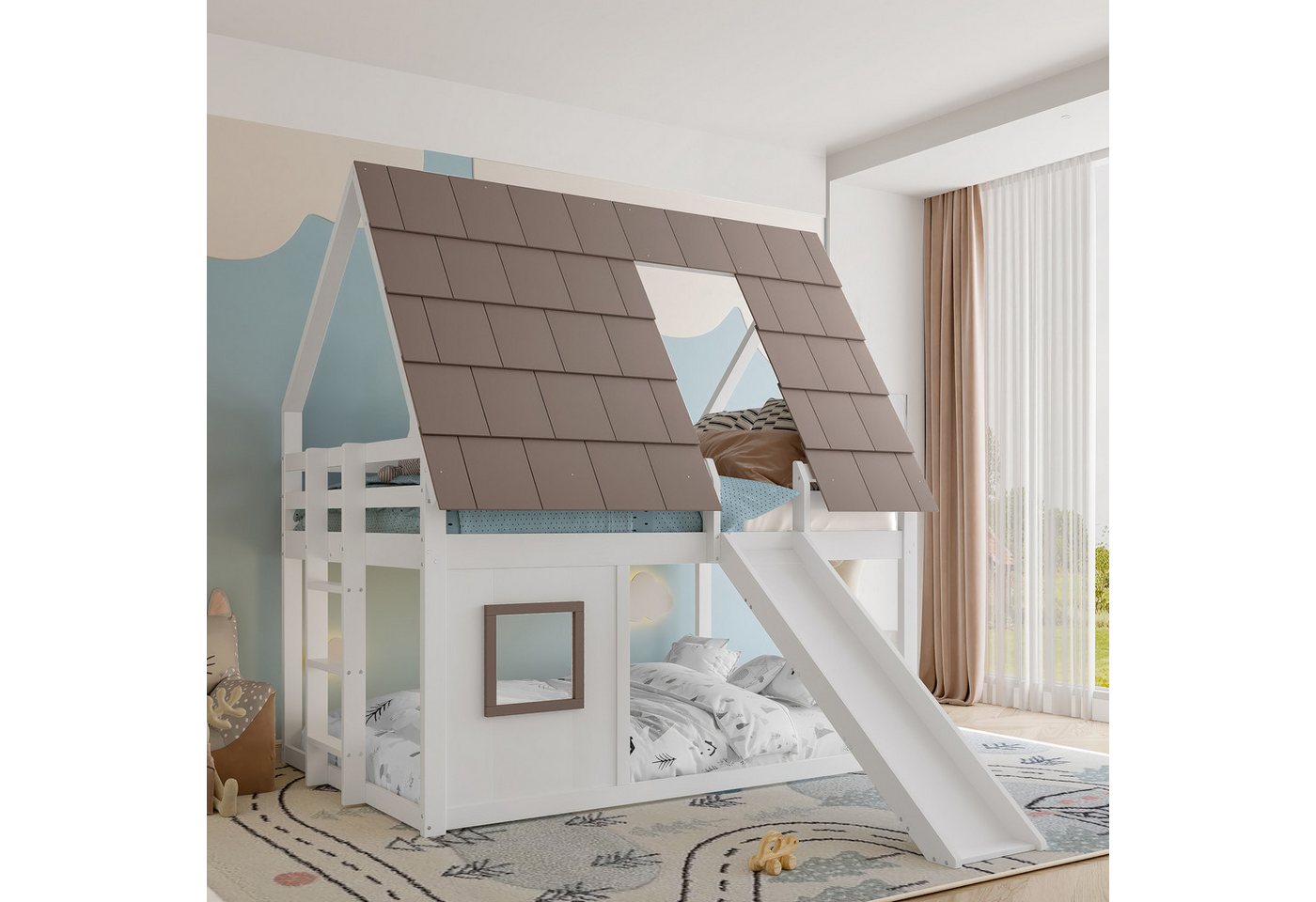 Ulife Etagenbett Etagenbett mit Rutsche, Weiß+Braun, 140x200cm Ulife Etagenbett Etagenbett mit Rutsche, Weiß+Braun, 140x200cm von Ulife