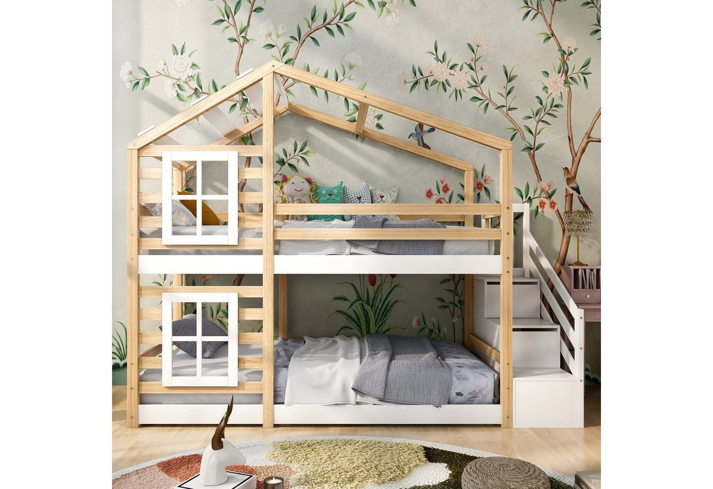 Ulife Etagenbett Hochbett Hausbett Treppe mit 2 Schubladen, Kinderbett mit Speicherung und Rausfallschutz,90 x 200 cm von Ulife