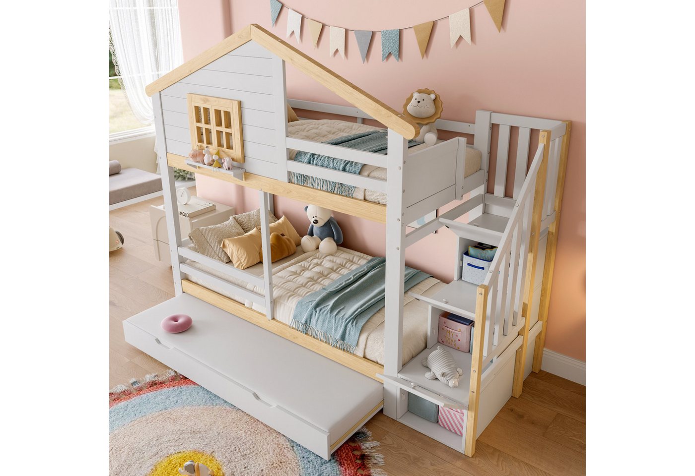 Ulife Etagenbett Jugendbett mit Bettgitter, ausziehbarem Bett, Stauraumleiter, Kinderbett mit Fenster, Hausleiste, Weiß + Natur, 90x200cm Ulife Etagenbett Jugendbett mit Bettgitter, ausziehbarem Bett, Stauraumleiter, Kinderbett mit Fenster, Hausleiste, Weiß + Natur, 90x200cm von Ulife