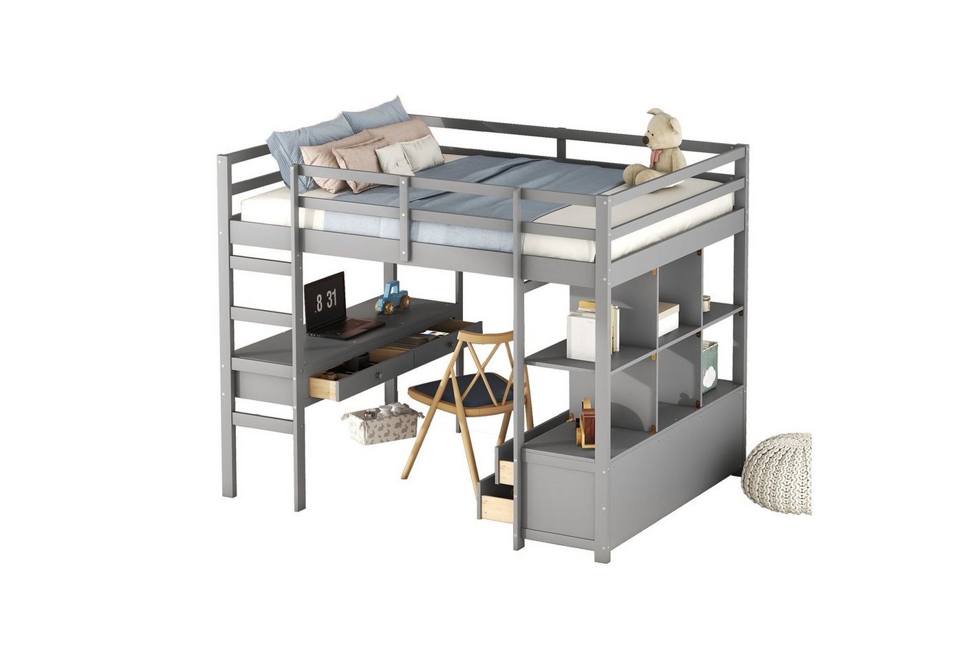 Ulife Etagenbett Kiefer Kinderhochbett mit Stauraumschubladen und Unterbettschreibtisch (1-St., Ohne Matratze) von Ulife