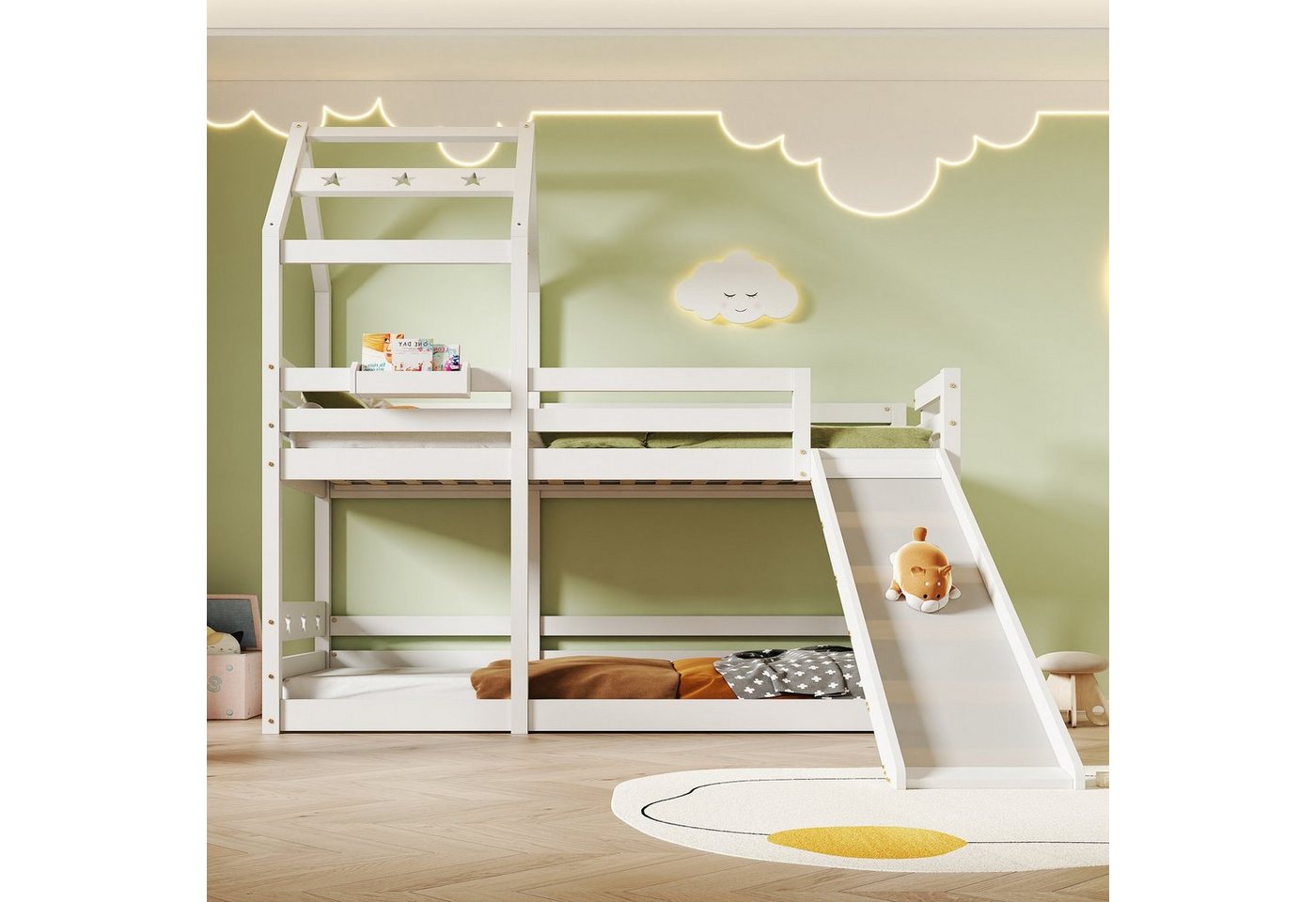 Ulife Etagenbett Kinderbett Baumhaus mit Rutsche und Leiter 90 x 200 cm, Hochbett für Kinder, 2 x Lattenrost, Weiß von Ulife