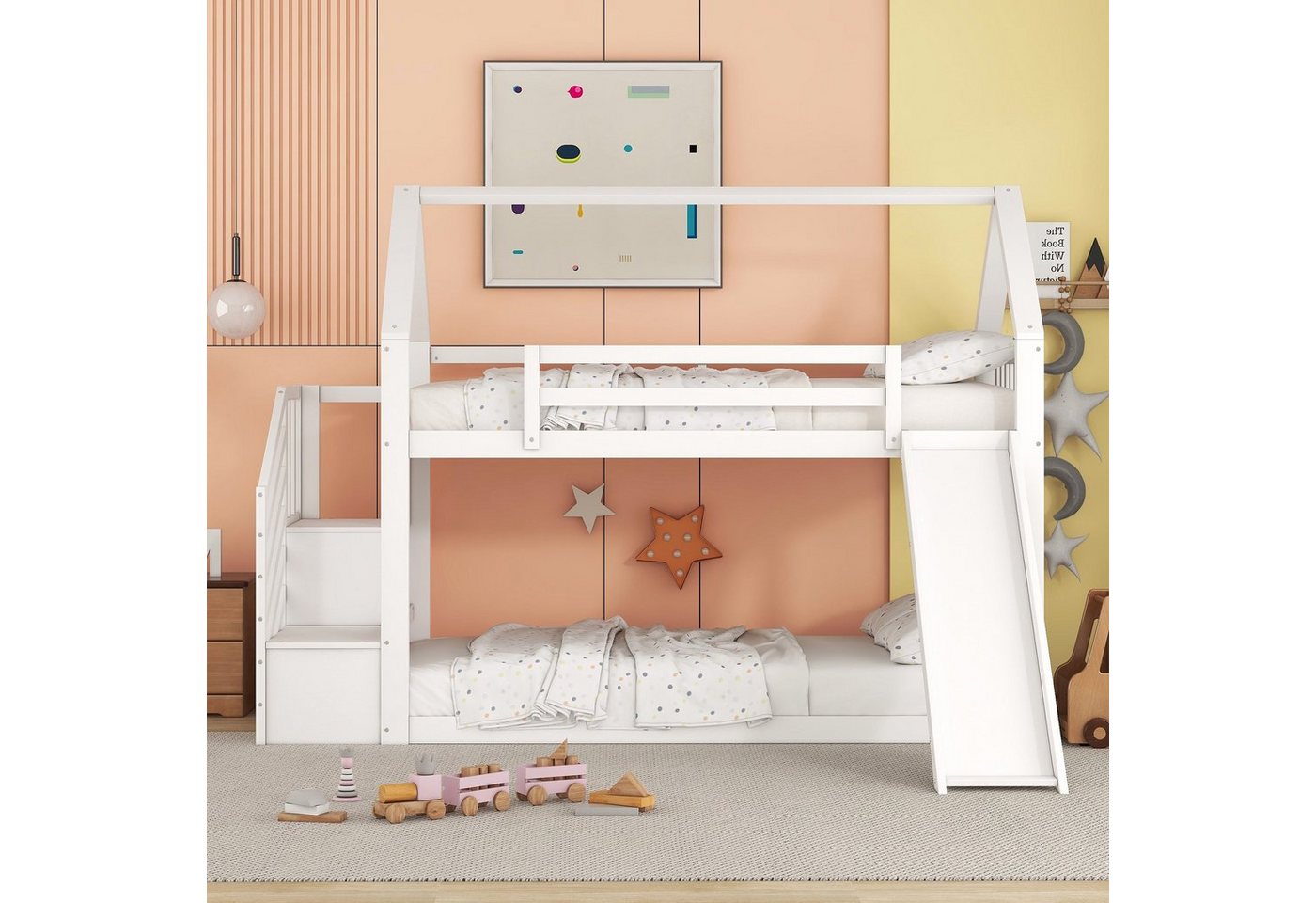 Ulife Etagenbett Kinderbett Hausbett Jugendbett mit Stauraumtreppe und Rutsche, Bettrahmen Einzelbett Holzbett mit Geländer von Ulife