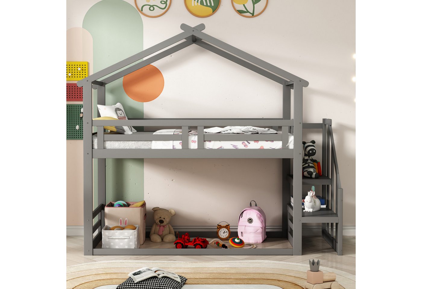 Ulife Etagenbett Kinderbett Holzbett mit Sicherheitstreppe 90x200cm, Etagenbettgestell aus Massivholz mit Lattenrost von Ulife