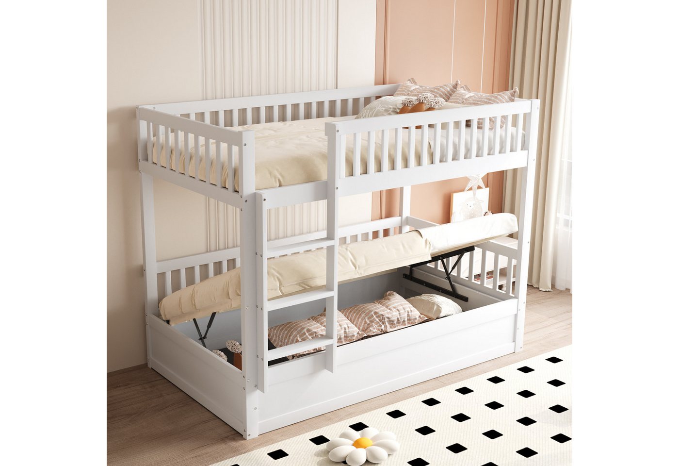 Ulife Etagenbett Kinderbett Hydraulisches Unterbett mit Rausfallschutz Leiter (Ohne Matratze), Robustes und langlebiges Lagerbett für Kinder, 90x200cm von Ulife