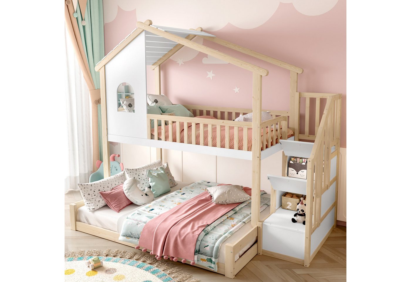 Ulife Etagenbett Kinderbett Jugendbett mit Stauraumleiter & Sicherheitsgitter, Fenster (Ohne Matratze), 90x200cm+140x200cm von Ulife