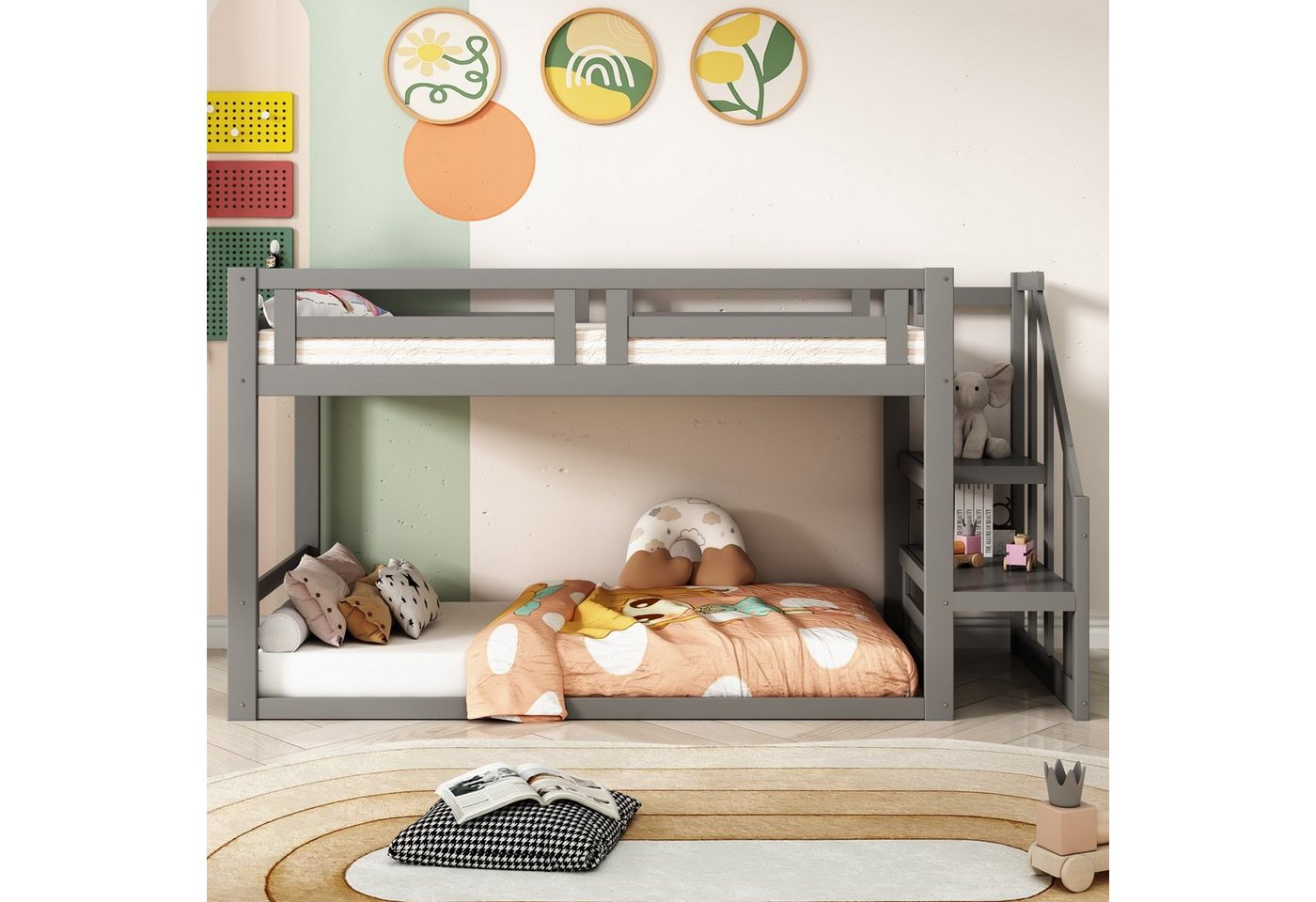 Ulife Etagenbett Niedriges Kinderbett mit Sicherheitstreppe, Lattenrost, Massivholz,90x200cm von Ulife