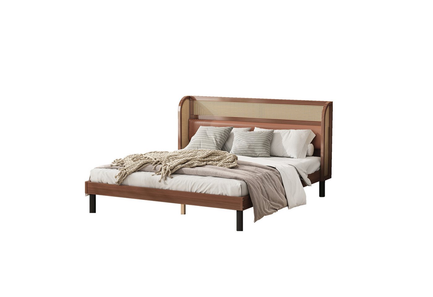 Ulife Funktionsbett Plattform-Doppelbett, mit PU-Polster und Rattan 160x200cm, Gebogene Ohren mit Rattanmaterial von Ulife