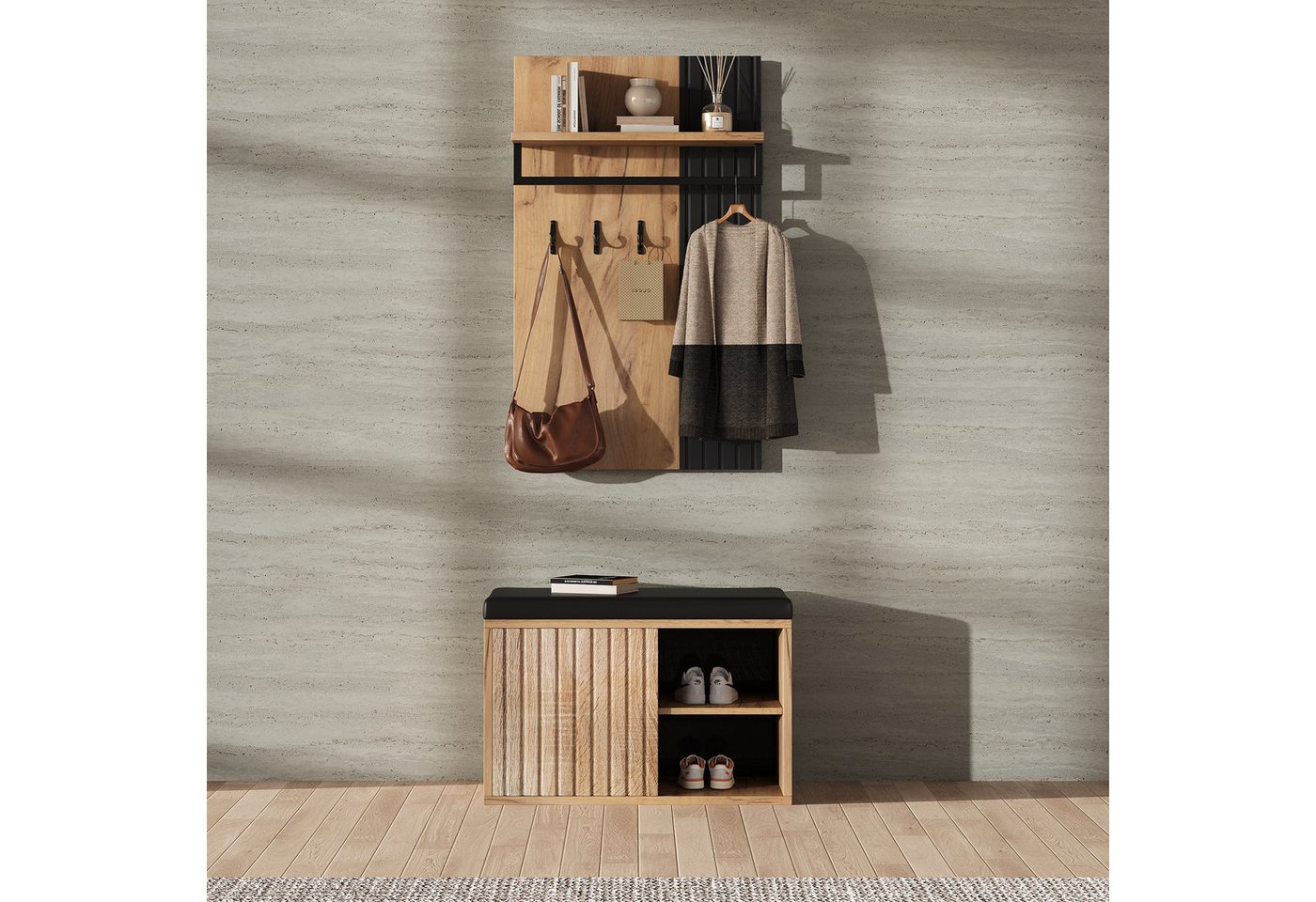 Ulife Garderoben-Set Kleiderständer Set, Schuhbank, Flurmöbel, Schuhschrank mit 1 Tür, Rückwand 1 Regalplatte, 1 Kleiderstange und 3 Haken, B70/D36/H146cm Ulife Garderoben-Set Kleiderständer Set, Schuhbank, Flurmöbel, Schuhschrank mit 1 Tür, Rückwand 1 Regalplatte, 1 Kleiderstange und 3 Haken, B70/D36/H146cm von Ulife