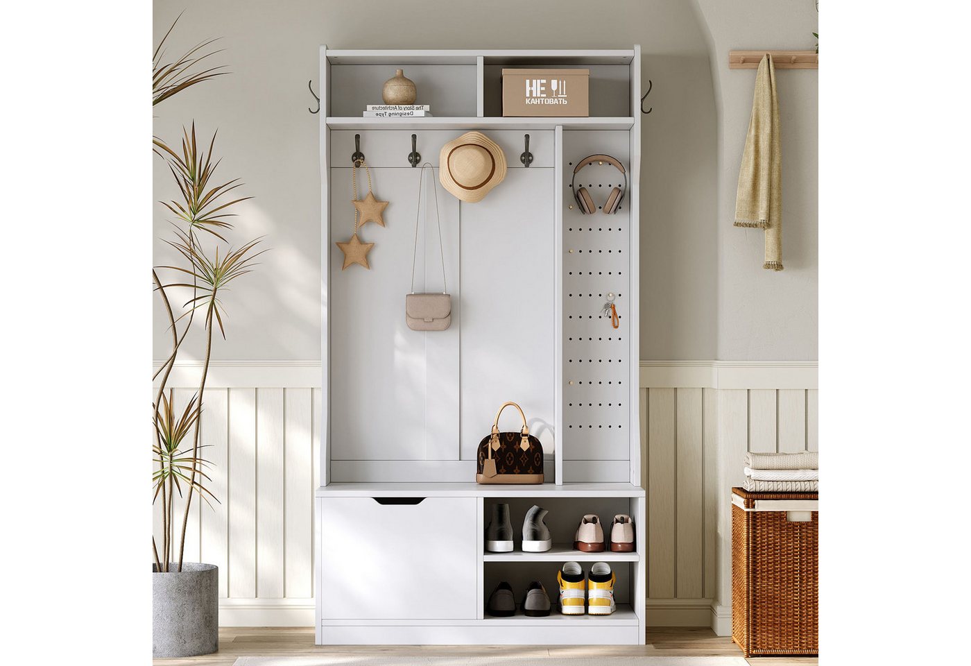 Ulife Garderoben-Set Komplett-Set Flurgarderobe mit Sitzbank, 100×185,5×40 cm (B×H×T), (1-St), mit 6 Haken, 1 Tür und 4 offenen Lagerräumen - Weiß von Ulife