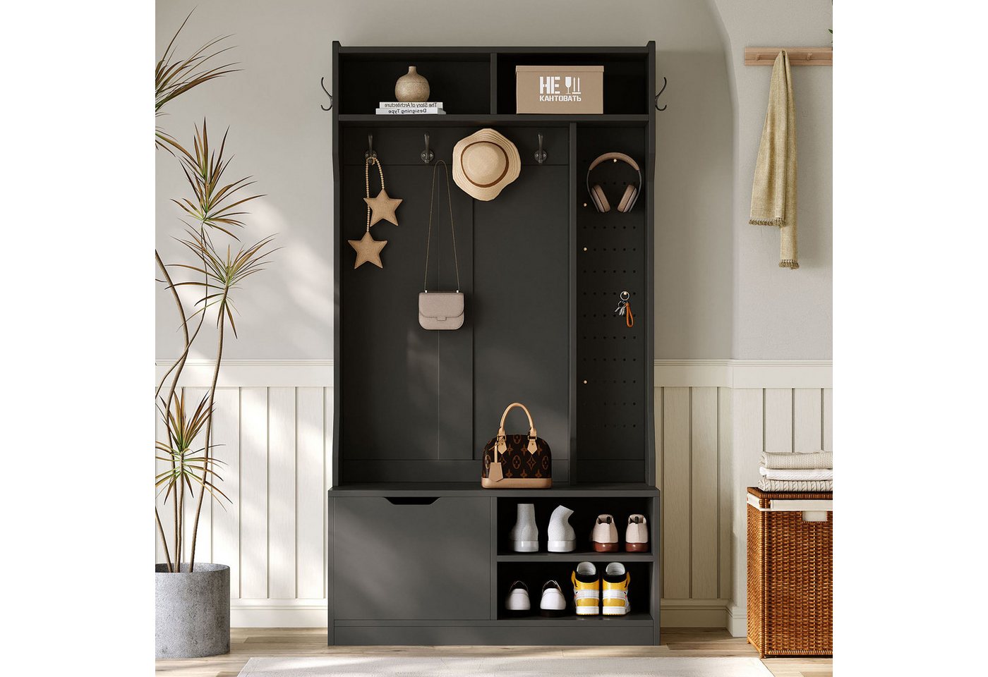 Ulife Garderoben-Set Komplett-Set Flurgarderobe mit Sitzbank, 100×185,5×40 cm (B×H×T), (1-St), mit 6 Haken, 1 Tür und 4 offenen Lagerräumen - Weiß von Ulife