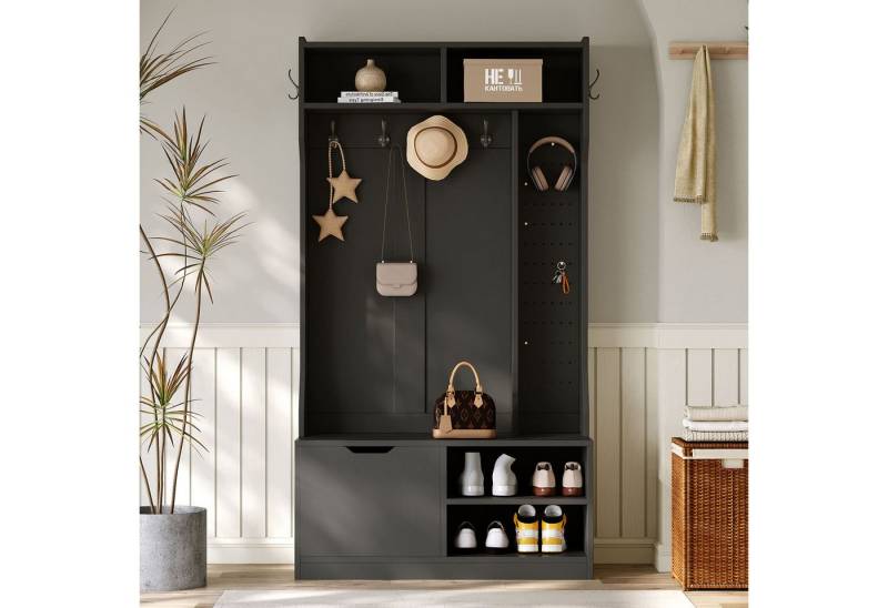 Ulife Garderoben-Set Komplett-Set Flurgarderobe mit Sitzbank, 100×185,5×40 cm (B×H×T), (1-St), mit 6 Haken, 1 Tür und 4 offenen Lagerräumen - Weiß von Ulife