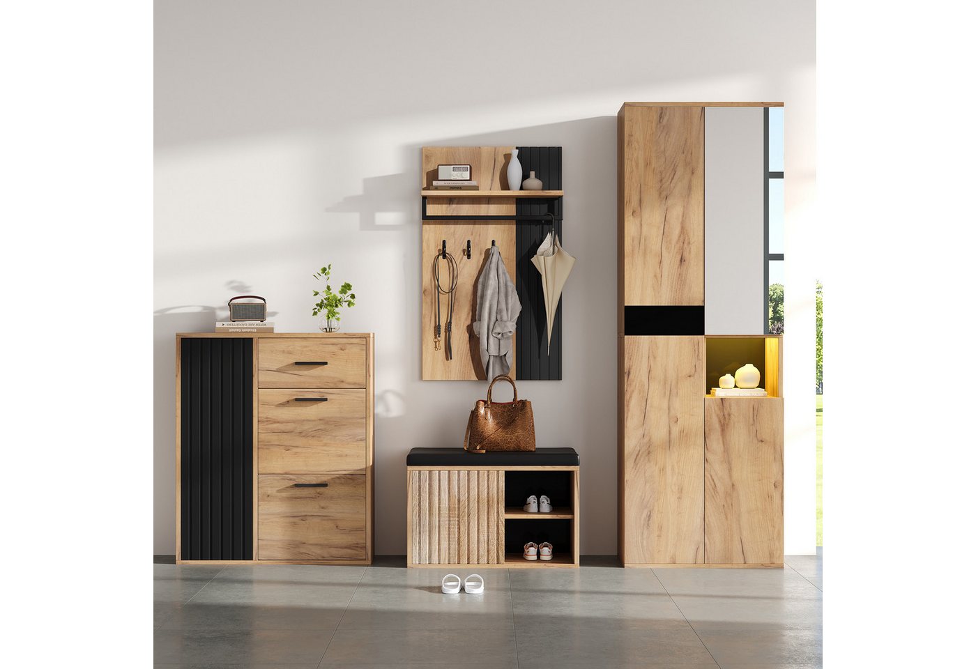 Ulife Garderoben-Set Wandgarderobe Kleiderschrank Schuhschrank, 4-teiliges Set, (4-St), Naturholzfarbe und Schwarz, 215x36x190cm von Ulife