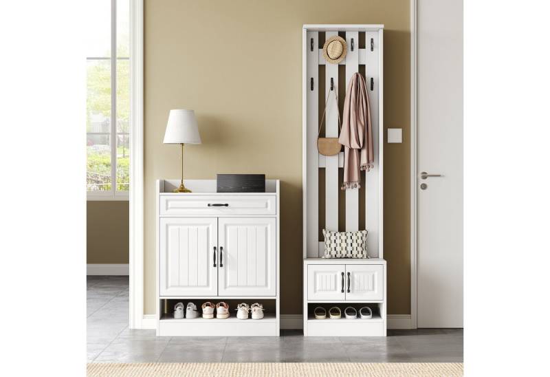 Ulife Garderoben-Set mit Schuhbank, Schuhrank, Wandgarderobe Flurmöbel Weiß, (2-St), 8 Haken, 4 Türen, 1 Schublade, 125x36x190cm (B×H×T) von Ulife