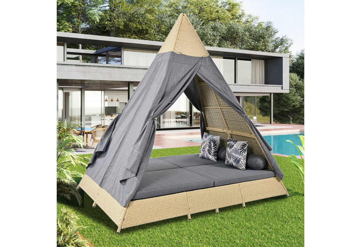 Ulife Gartenliege mit Rattanzelt und Stahlrahmen,Gartenlounge Set,Rattan Zelt, geeignet für 2–4 Personen, inklusive aller Sitzkissen und Kissen von Ulife