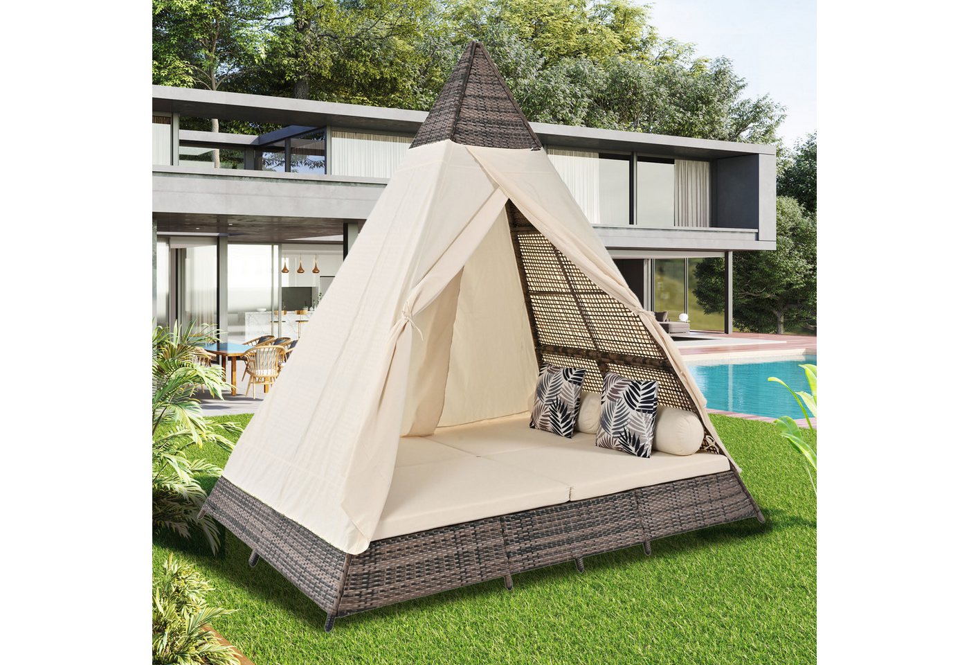 Ulife Gartenliege mit Rattanzelt und Stahlrahmen,Gartenlounge Set,Rattan Zelt, geeignet für 2–4 Personen, inklusive aller Sitzkissen und Kissen von Ulife