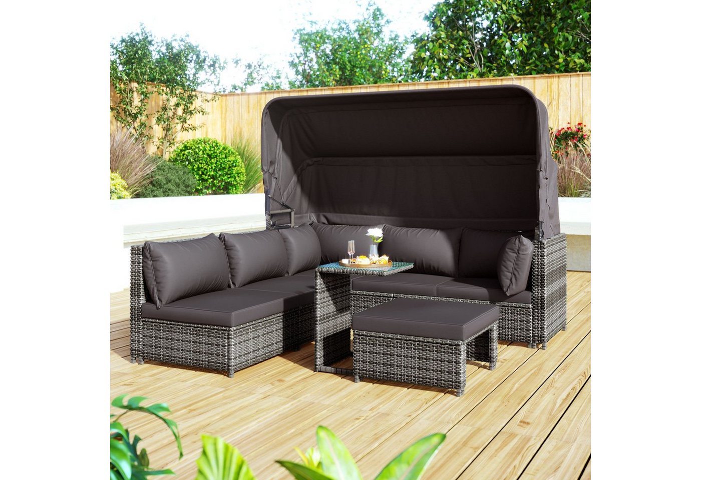 Ulife Gartenlounge-Set Rattan Sonneninsel Sitzgruppe,Outdoor Gartenmöbel, (5-tlg), Sofa mit Sonnendach, Hocker, Sesseln und Tisch von Ulife