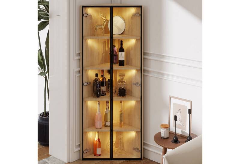 Ulife Glasvitrine Eckvitrine mit LED-Beleuchtung und 5 Fächer, B62/T35/H160 cm Standvitrine Eckschrank Hochschrank Highboard Wohnzimmer von Ulife