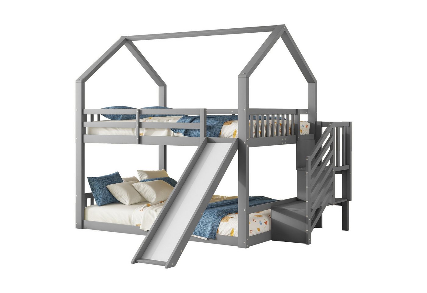 Ulife Hausbett Etagenbett Kinderbett mit Stauraumtreppe und Rutsche, 140x200cm, Kinderbett mit Geländer von Ulife