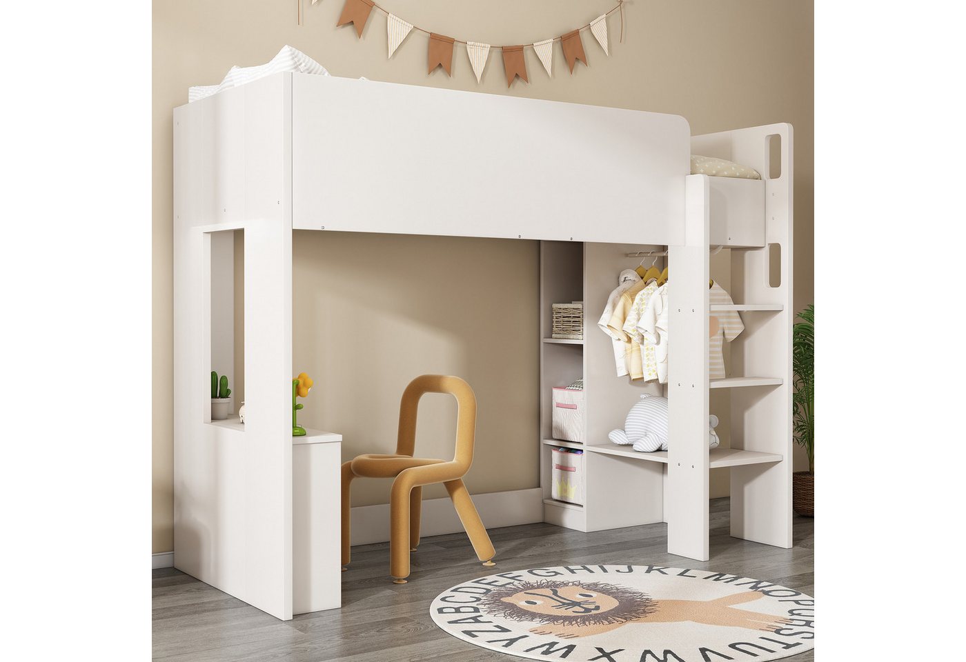 Ulife Hochbett 3-in-1 Holzbett mit Kleiderschrank, offenen Regaleinheiten (Ohne Matratze) Kinderbett mit Aufbewahrungsfächern und Treppe von Ulife