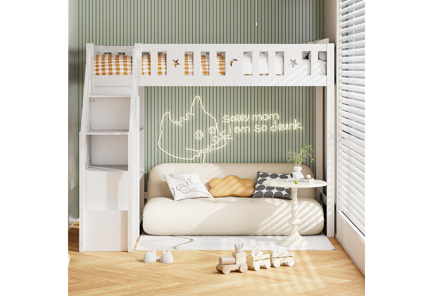 Ulife Hochbett Einzelholzbett Jugendbett Kinderbett Stauraumbett, 90x200 cm mit Stauraumleiter und Regalen, ohne Sofa und Tisch Ulife Hochbett Einzelholzbett Jugendbett Kinderbett Stauraumbett, 90x200 cm mit Stauraumleiter und Regalen, ohne Sofa und Tisch von Ulife
