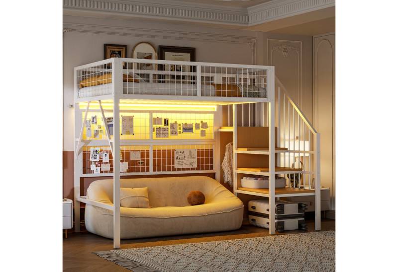 Ulife Hochbett Eisenbett Kinderbett Jugendbett mit LED-Beleuchtung, Kleiderschrank (Ohne Matratze) Treppe mit Stauraum von Ulife