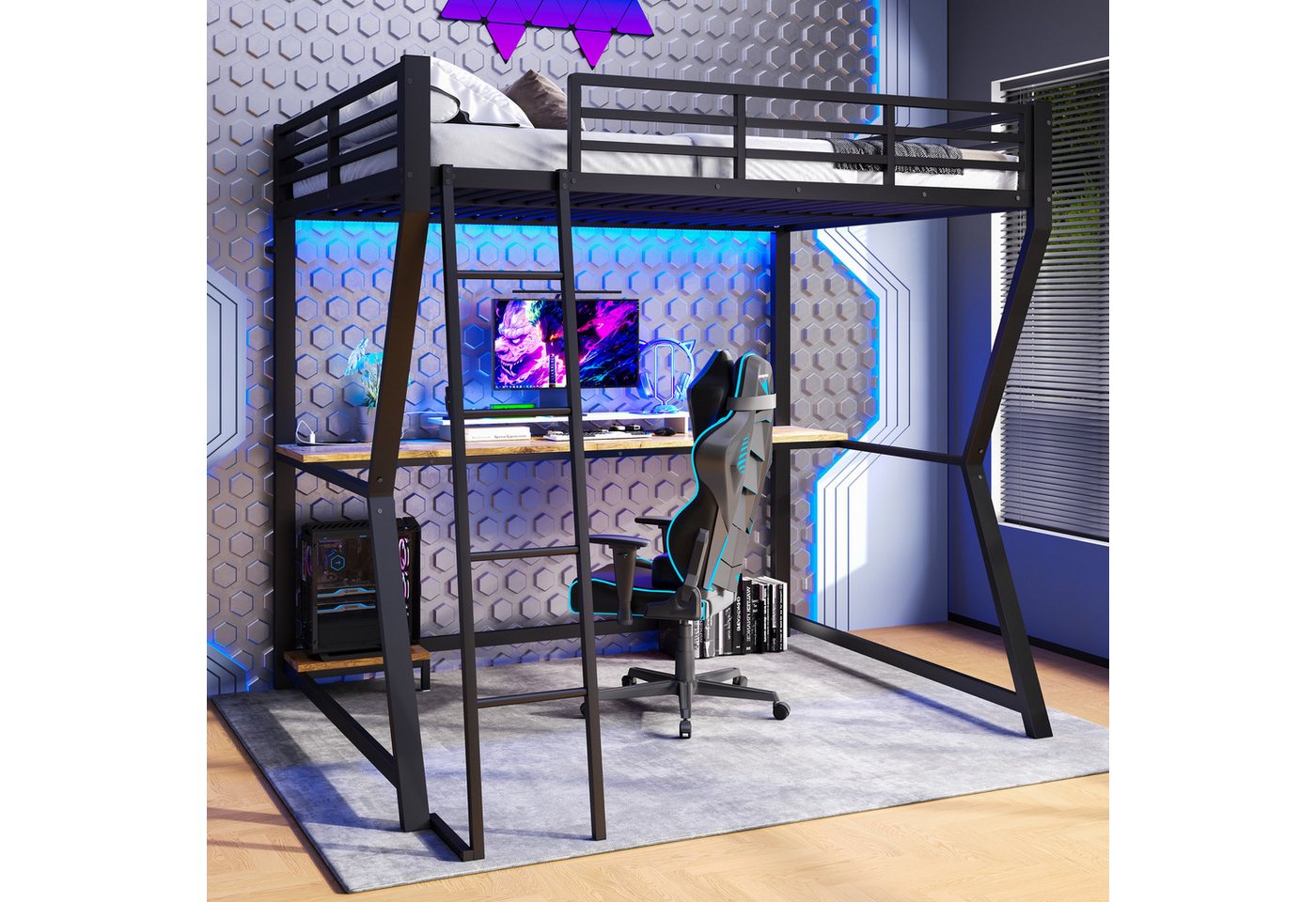 Ulife Hochbett Funktionsbett, Jugendbett, Kinderbett, Metallbett mit LED-Beleuchtung (Ohne Matratze) mit Computerkonsolenablage & Schreibtisch, Steckdosen + USB von Ulife