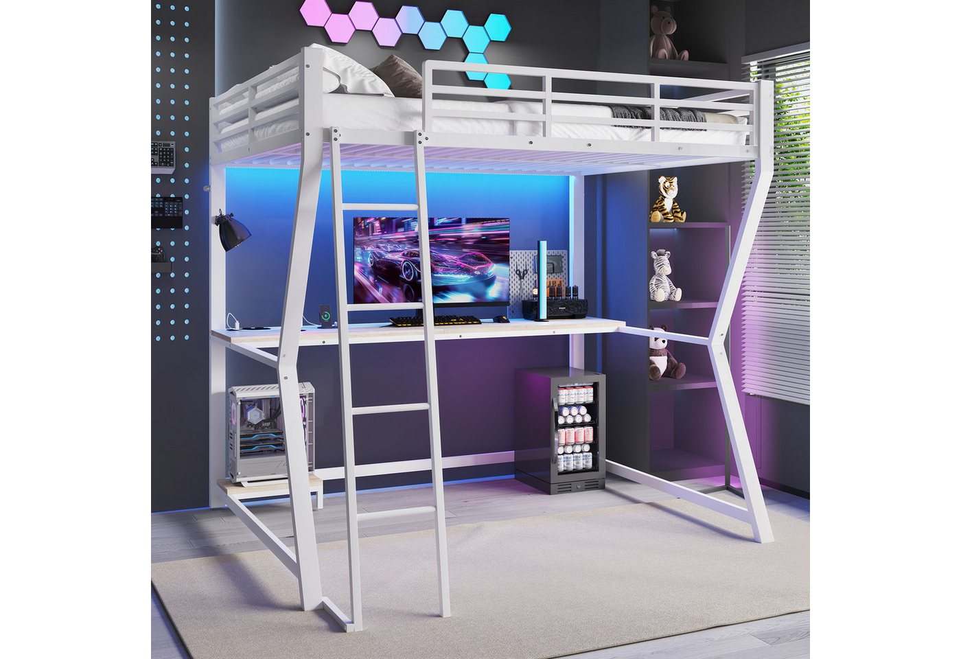 Ulife Hochbett Funktionsbett, Jugendbett, Kinderbett, Metallbett mit LED-Beleuchtung (Ohne Matratze) mit Computerkonsolenablage & Schreibtisch, Steckdosen + USB von Ulife