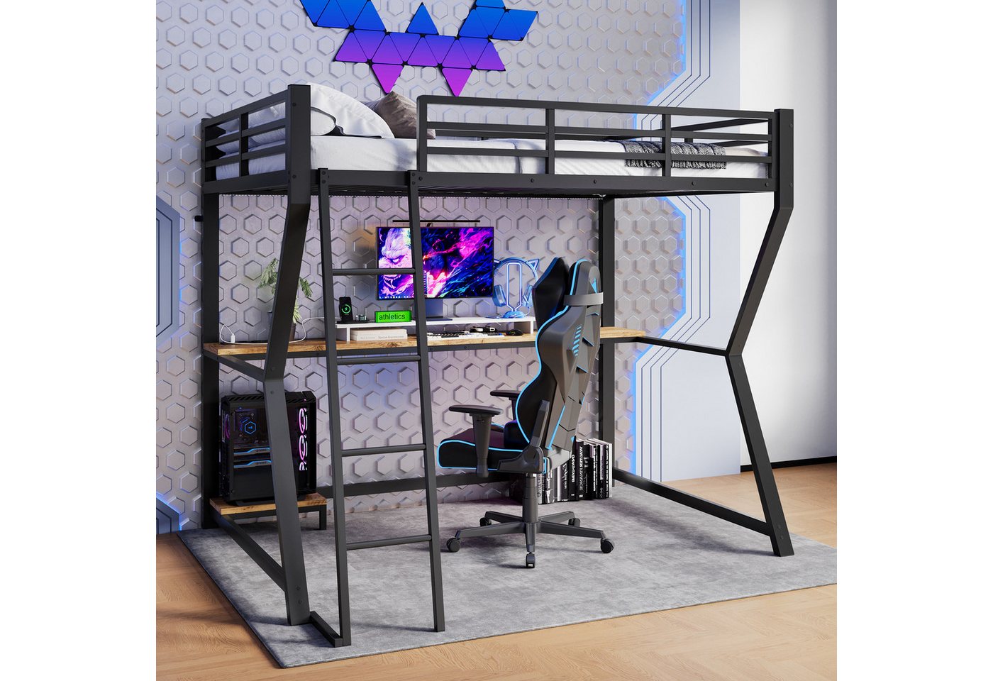 Ulife Hochbett Funktionsbett, Jugendbett, Kinderbett, Metallbett mit LED-Beleuchtung (Ohne Matratze) mit Computerkonsolenablage & Schreibtisch, Steckdosen + USB von Ulife