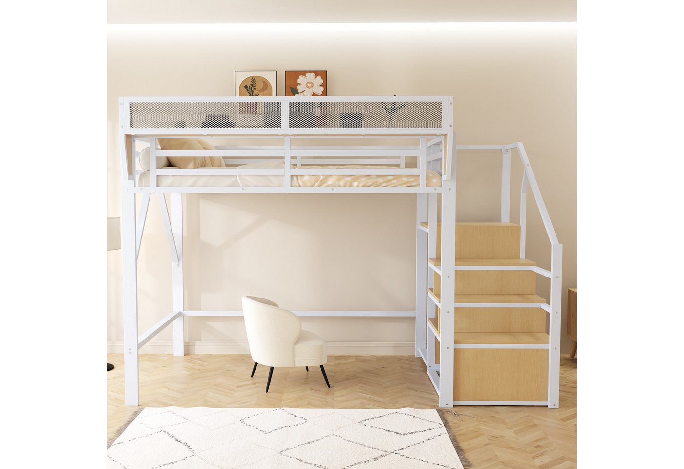Ulife Hochbett Jugendbett Metallbett Erwachsenenbett Kinder-Etagenbett, 140x200cm (Ohne Matratze) mit Sicherheitsleiter und flexiblem Staufach von Ulife