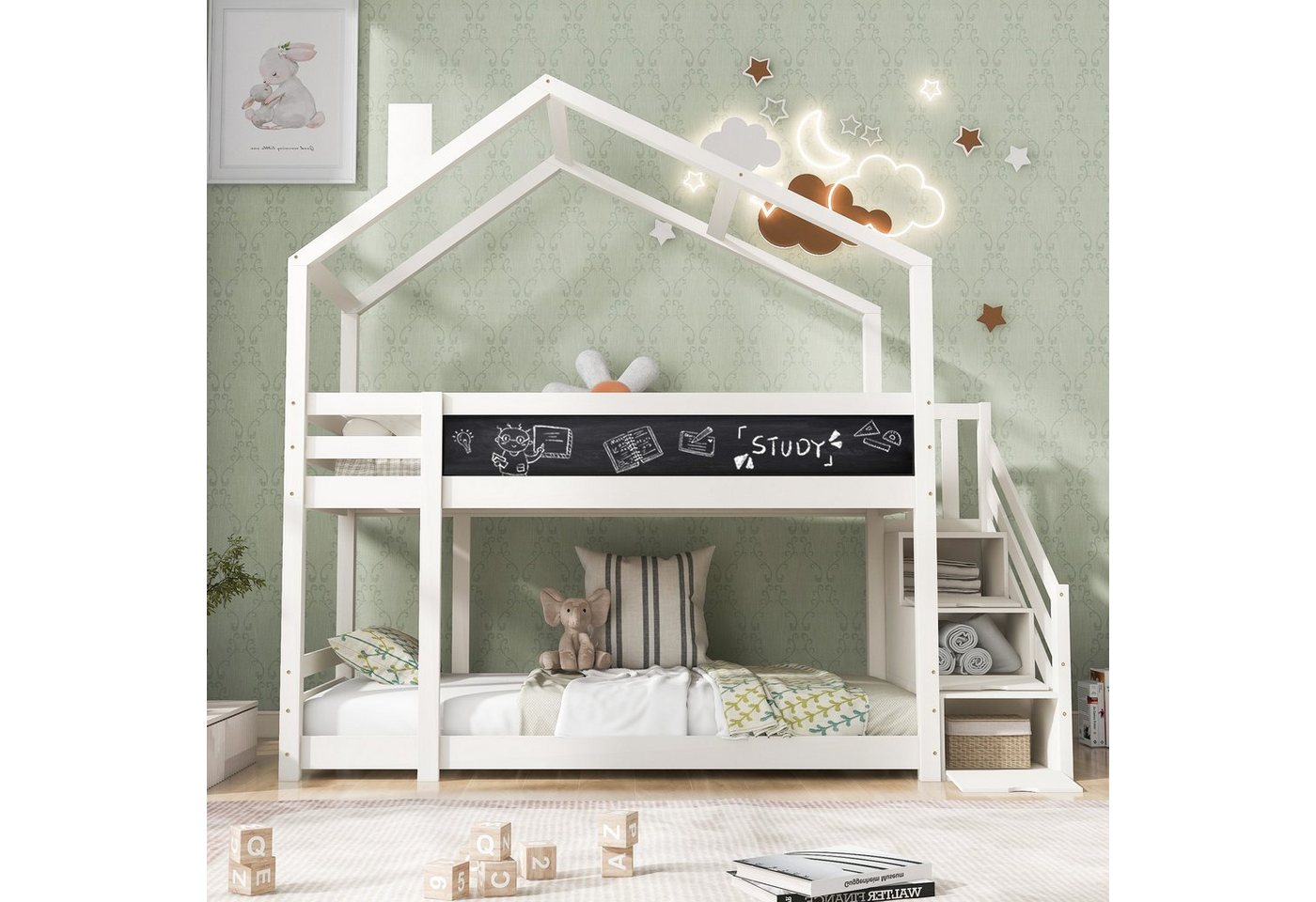 Ulife Hochbett Kinderbett Baumhaus mit Schornstein,Hochbett für Kinder inkl. Tafel– 2x Lattenrost- Weiß von Ulife