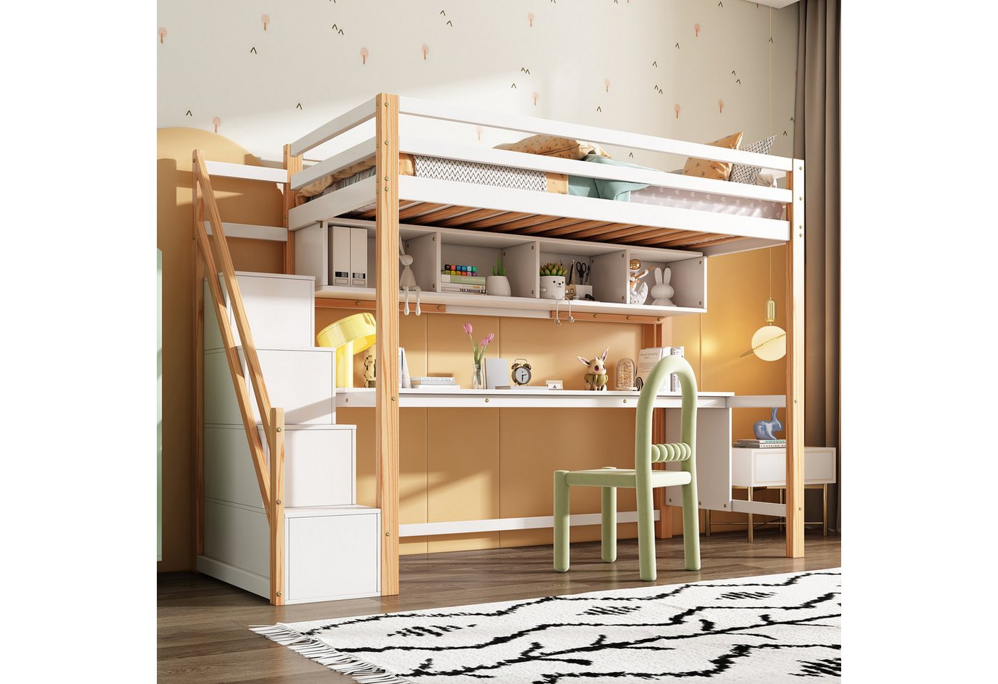 Ulife Hochbett Kinderbett Etagenbett mit Schreibtisch und Treppe Kiefer 90x200cm von Ulife